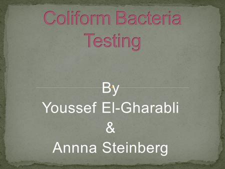 By Youssef El-Gharabli & Annna Steinberg. Coliform Bacteria It is the commonly-used bacterial indicator of sanitary quality of foods and water. They are.