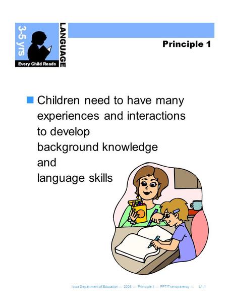 Iowa Department of Education ::: 2006 ::: Principle 1 ::: PPT/Transparency :::L1-1 Principle 1 Children need to have many experiences and interactions.