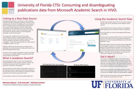 University of Florida CTSI: Consuming and disambiguating publications data from Microsoft Academic Search in VIVO. Nicholas Rejack 1, Erik Schmidt 1, Michael.