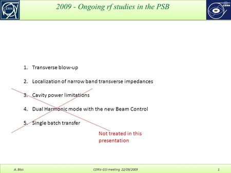 2009 - Ongoing rf studies in the PSB A. Blas CERN-GSI meeting 22/09/2009 1 1.Transverse blow-up 2.Localization of narrow band transverse impedances 3.Cavity.