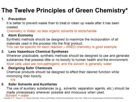 The Twelve Principles of Green Chemistry* 1. Prevention It is better to prevent waste than to treat or clean up waste after it has been created. 2. Atom.