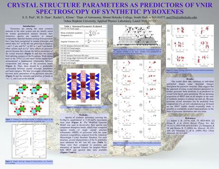 CRYSTAL STRUCTURE PARAMETERS AS PREDICTORS OF VNIR SPECTROSCOPY OF SYNTHETIC PYROXENES S. E. Peel 1, M. D. Dyar 1, Rachel L. Klima 2. 1 Dept. of Astronomy,