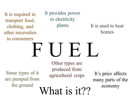 F U E L What is it?? It provides power to electricity plants