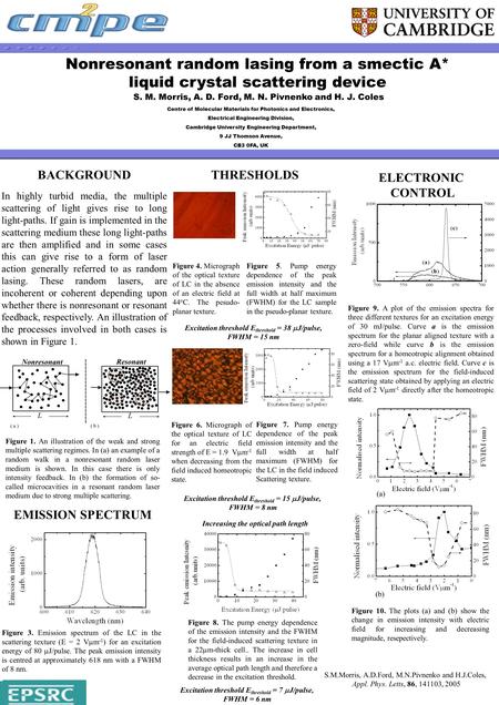 The authors gratefully acknowledge the financial support of the EPSRC Nonresonant random lasing from a smectic A* liquid crystal scattering device S. M.