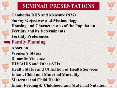 SEMINAR PRESENTATIONS Cambodia DHS and Measure DHS+ Survey Objectives and Methodology Housing and Characteristics of the Population Fertility and its Determinants.