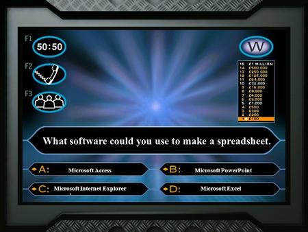 What software could you use to make a spreadsheet. Microsoft Access Microsoft Internet ExplorerMicrosoft Excel Microsoft PowerPoint.