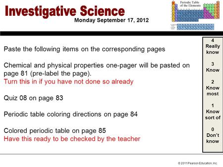 © 2011 Pearson Education, Inc. Monday September 17, 2012 Paste the following items on the corresponding pages Chemical and physical properties one-pager.