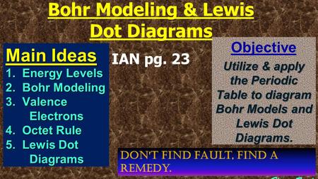 Objective Utilize & apply the Periodic Table to diagram Bohr Models and Lewis Dot Diagrams. Main Ideas 1. Energy Levels 2. Bohr Modeling 3. Valence Electrons.