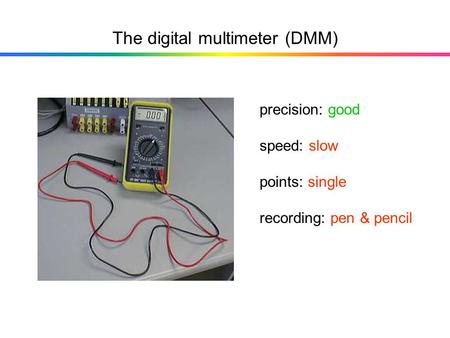 The digital multimeter (DMM) precision: good speed: slow points: single recording: pen & pencil.