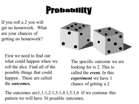 If you roll a 2 you will get no homework. What are your chances of getting no homework? First we need to find out what could happen when we roll the dice.