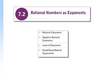 Note that the denominator of the exponent becomes the index and the base becomes the radicand. Example Write an equivalent expression using radical.