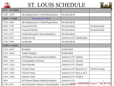 ESSAYONS Let US Try 1 ST. LOUIS SCHEDULE SUN - 30 APRIL 1300 – 1800AEA Registration / USAES RegistrationPavilion Hotel MON – 1 MAY Travel Day for Most.