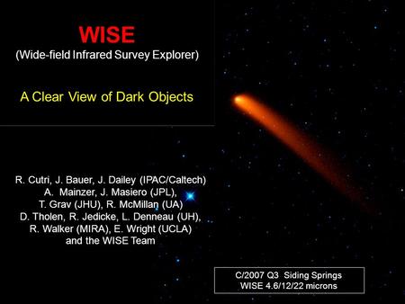 WISE (Wide-field Infrared Survey Explorer) A Clear View of Dark Objects WISE (Wide-field Infrared Survey Explorer) A Clear View of Dark Objects R. Cutri,