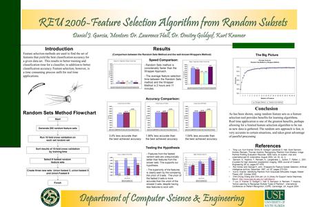 Daniel J. Garcia, Mentors: Dr. Lawrence Hall, Dr. Dmitry Goldgof, Kurt Kramer Start Finish Generate 200 random feature sets Run 10 fold cross validation.