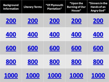 Background Information Literary Terms “Of Plymouth Plantation” “Upon the Burning of Our House” “Sinners in the Hands of an Angry God” 200 400 600 800 1000.