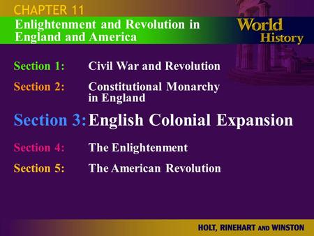 CHAPTER 11 Section 1:Civil War and Revolution Section 2:Constitutional Monarchy in England Section 3:English Colonial Expansion Section 4: The Enlightenment.