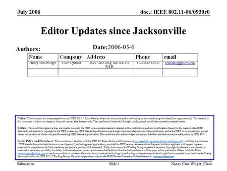 Doc.: IEEE 802.11-06/0930r0 Submission July 2006 Nancy Cam-Winget, Cisco Slide 1 Editor Updates since Jacksonville Notice: This document has been prepared.