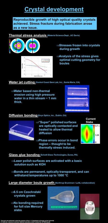 Crystal development Water jet cutting Glass glue bonding Diffusion bonding Large diameter boule growth Thermal stress analysis Reproducible growth of high.