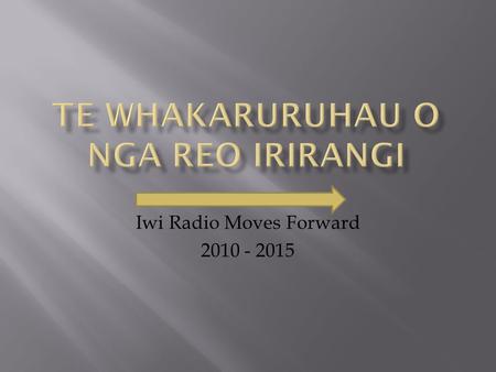 Iwi Radio Moves Forward 2010 - 2015. ESTABLISHMENT 2010 Maori Radio 1987 WHA 2000 Strategic Plan 2005- 2010 AGM 2008 commission restructuring WHA Agreed.