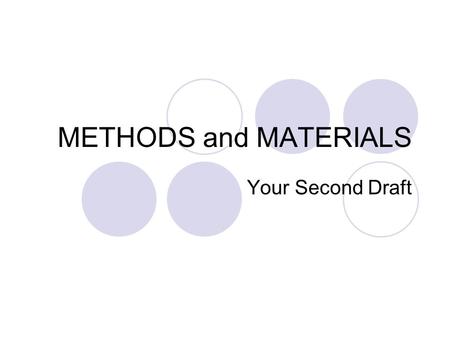 METHODS and MATERIALS Your Second Draft. YOUR SECOND DRAFT Two copies Teacher edited first draft Logbook Second Draft Checklist Includes: Title page,