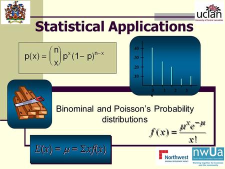 Statistical Applications Binominal and Poisson’s Probability distributions.10.20.30.40 0 1 2 3 4 E ( x ) =  =  xf ( x )