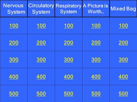 200 300 400 100 200 300 400 100 200 300 400 100 200 300 400 100 200 300 400 100 Nervous System Circulatory System Respiratory System A Picture is Worth…