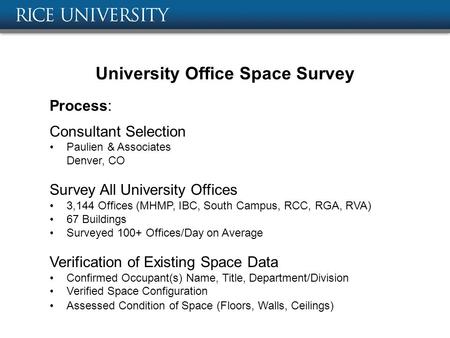 University Office Space Survey Process: Consultant Selection Paulien & Associates Denver, CO Survey All University Offices 3,144 Offices (MHMP, IBC, South.