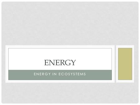 ENERGY IN ECOSYSTEMS ENERGY. Energy is transferred from one form to another In any energy conversion, some energy is lost. E goes from high to low quality.