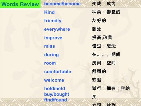 Words Review become/become Kind friendly everywhere improve miss during room comfortable welcome hold/held buy/bought find/found 变成，成为 种类；善良的 友好的 到处 提高,