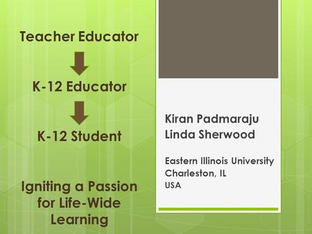 Teacher Educator K-12 Educator K-12 Student Igniting a Passion for Life-Wide Learning Kiran Padmaraju Linda Sherwood Eastern Illinois University Charleston,