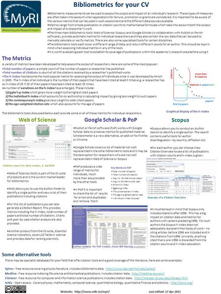 Bibliometrics for your CV Web of Science Google Scholar & PoP Scopus Bibliometric measurements can be used to assess the output and impact of an individual’s.