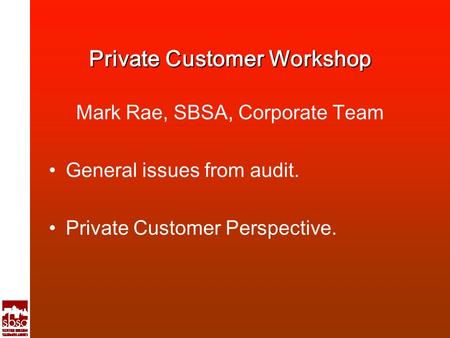 Private Customer Workshop Mark Rae, SBSA, Corporate Team General issues from audit. Private Customer Perspective.