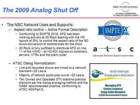 ADVANCED ENGINEERING TECHNOLOGY GROWTH CENTER The 2009 Analog Shut Off The NBC Network Uses and Supports: – Aspect ratio control – Active Format Description.