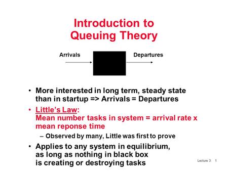 Lecture 3: 1 Introduction to Queuing Theory More interested in long term, steady state than in startup => Arrivals = Departures Little’s Law: Mean number.