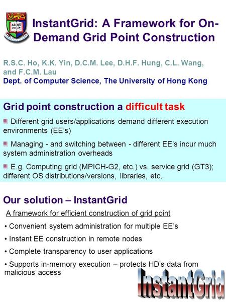 InstantGrid: A Framework for On- Demand Grid Point Construction R.S.C. Ho, K.K. Yin, D.C.M. Lee, D.H.F. Hung, C.L. Wang, and F.C.M. Lau Dept. of Computer.