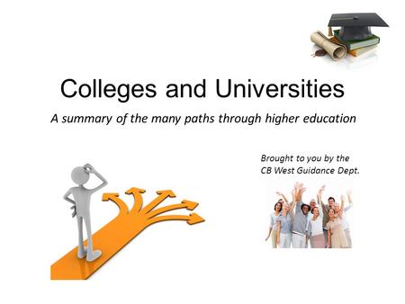 Colleges and Universities A summary of the many paths through higher education Brought to you by the CB West Guidance Dept.