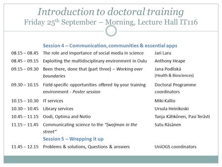 Introduction to doctoral training Friday 25 th September – Morning, Lecture Hall IT116 Session 4 – Communication, communities & essential apps 08.15 –