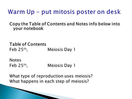 Warm Up – put mitosis poster on desk