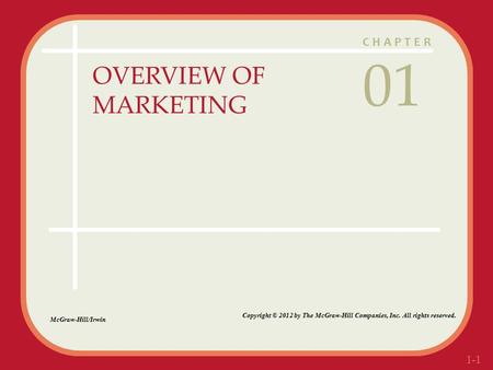 1-1 CHAPTER OVERVIEW OF MARKETING 01 McGraw-Hill/Irwin Copyright © 2012 by The McGraw-Hill Companies, Inc. All rights reserved.