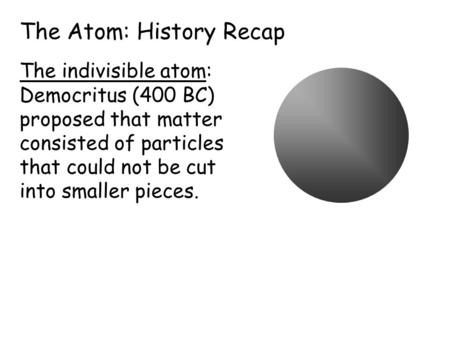 The Atom: History Recap The indivisible atom: Democritus (400 BC) proposed that matter consisted of particles that could not be cut into smaller pieces.