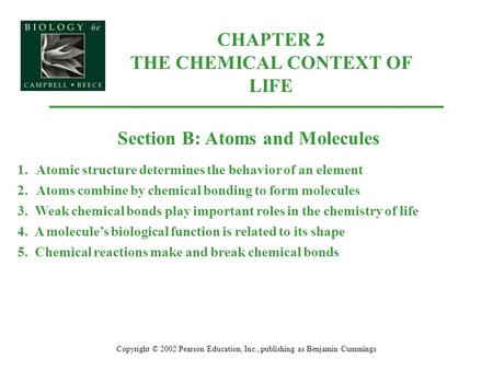 CHAPTER 2 THE CHEMICAL CONTEXT OF LIFE Copyright © 2002 Pearson Education, Inc., publishing as Benjamin Cummings Section B: Atoms and Molecules 1.Atomic.