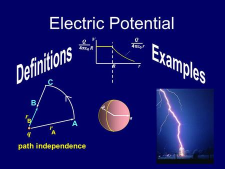 Electric Potential q A C B r A B r path independence a a Rr VQ 4   r Q 4   R.