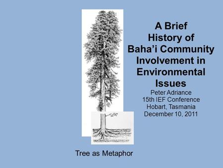 A Brief History of Baha’i Community Involvement in Environmental Issues Peter Adriance 15th IEF Conference Hobart, Tasmania December 10, 2011 Tree as Metaphor.