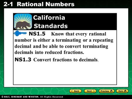 Evaluating Algebraic Expressions 2-1Rational Numbers California Standards NS1.5 Know that every rational number is either a terminating or a repeating.