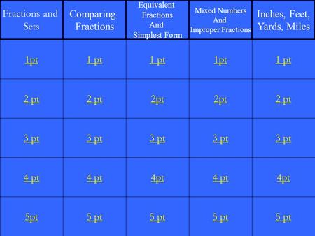 2 pt 3 pt 4 pt 5pt 1 pt 2 pt 3 pt 4 pt 5 pt 1 pt 2pt 3 pt 4pt 5 pt 1pt 2pt 3 pt 4 pt 5 pt 1 pt 2 pt 3 pt 4pt 5 pt 1pt Fractions and Sets Comparing Fractions.