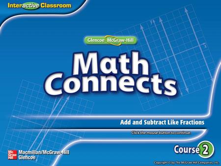 Lesson Menu Main Idea and New Vocabulary Key Concept:Add and Subtract Like Fractions Example 1:Add Like Fractions Example 2:Add Like Fractions Example.