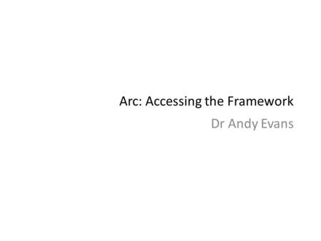 Arc: Accessing the Framework Dr Andy Evans. Code The code that goes in the addIn is then code to work with the ArcObjects framework. Ask App for Document.