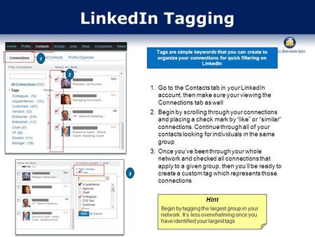 LinkedIn Tagging 1.Go to the Contacts tab in your LinkedIn account, then make sure your viewing the Connections tab as well 2.Begin by scrolling through.