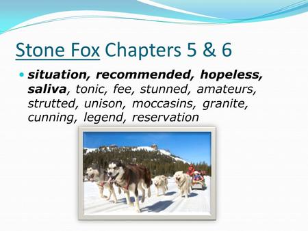 Stone Fox Chapters 5 & 6 situation, recommended, hopeless, saliva, tonic, fee, stunned, amateurs, strutted, unison, moccasins, granite, cunning, legend,