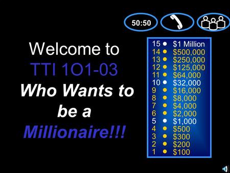 15 14 13 12 11 10 9 8 7 6 5 4 3 2 1 $1 Million $500,000 $250,000 $125,000 $64,000 $32,000 $16,000 $8,000 $4,000 $2,000 $1,000 $500 $300 $200 $100 Welcome.